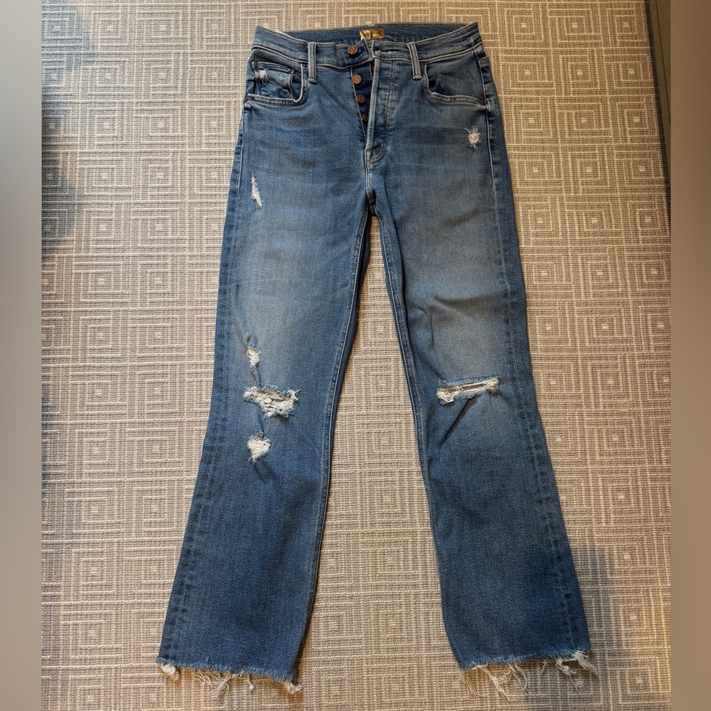 MOTHER Cropped Ripped Blue Jeans